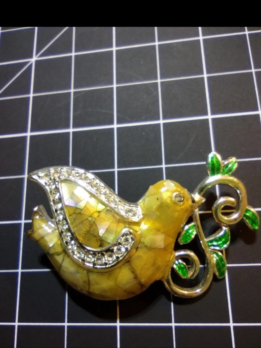 Mother Of Pearl Dove Brooch Rhinestone Olive Leaf Bird Pin Vintage Jewelry